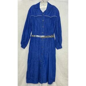 80s Denim Shirt Dress Belt Pockets Pads Western Flair USA Sz M Blair Boutique